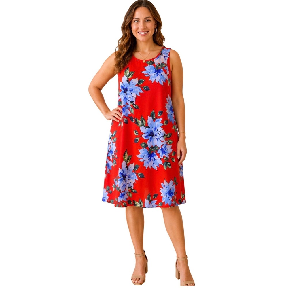 Jessica Howard Shift Dress L/XL Red Floral Sleeveless Chiffon Lightweight Beach